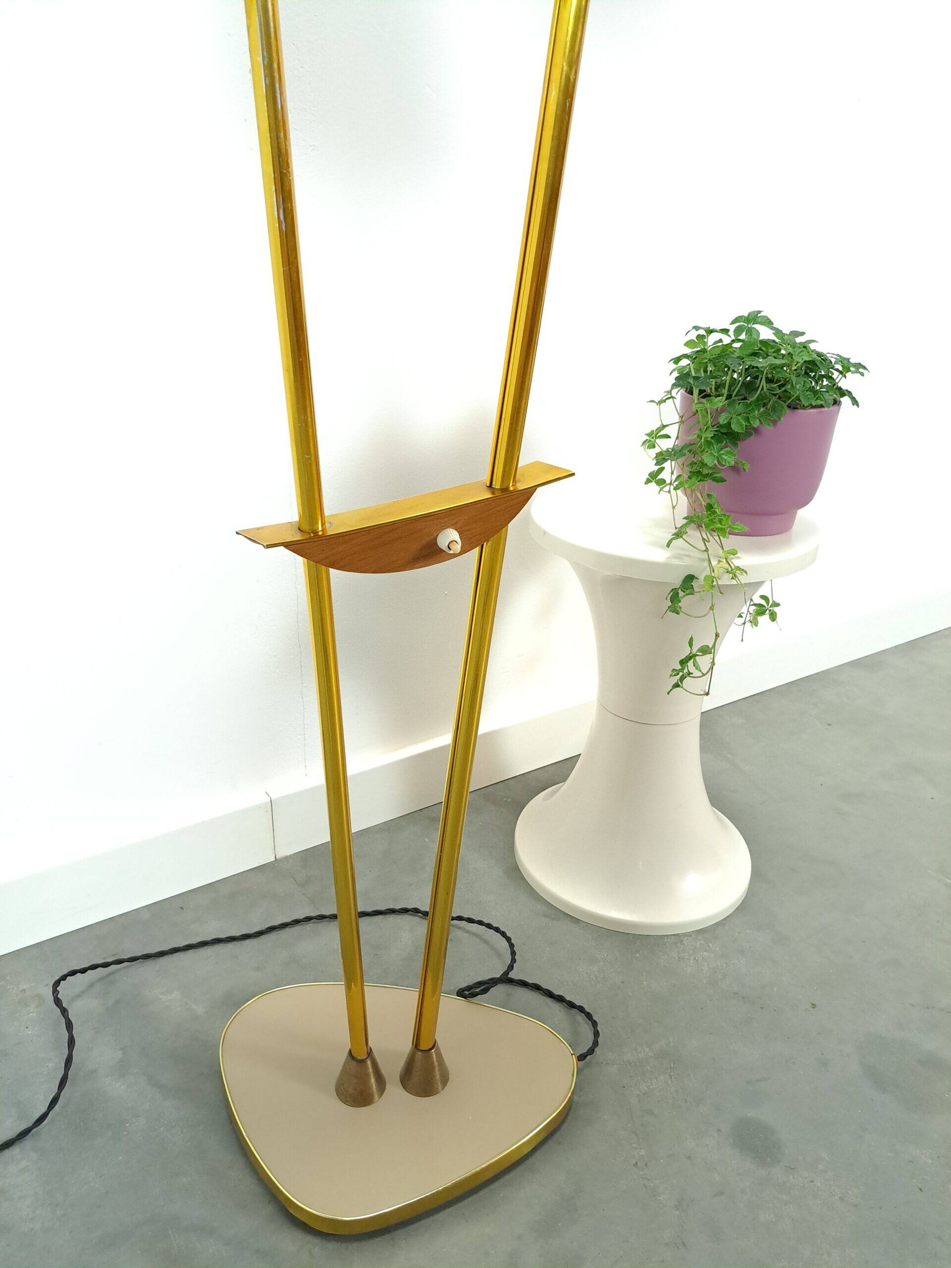 1950s floor lamp with pink and green shade and gold-coloured legs