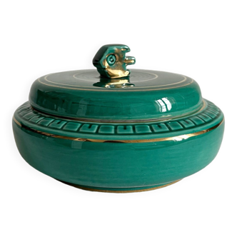 Vintage green ceramic round box from the 1950s