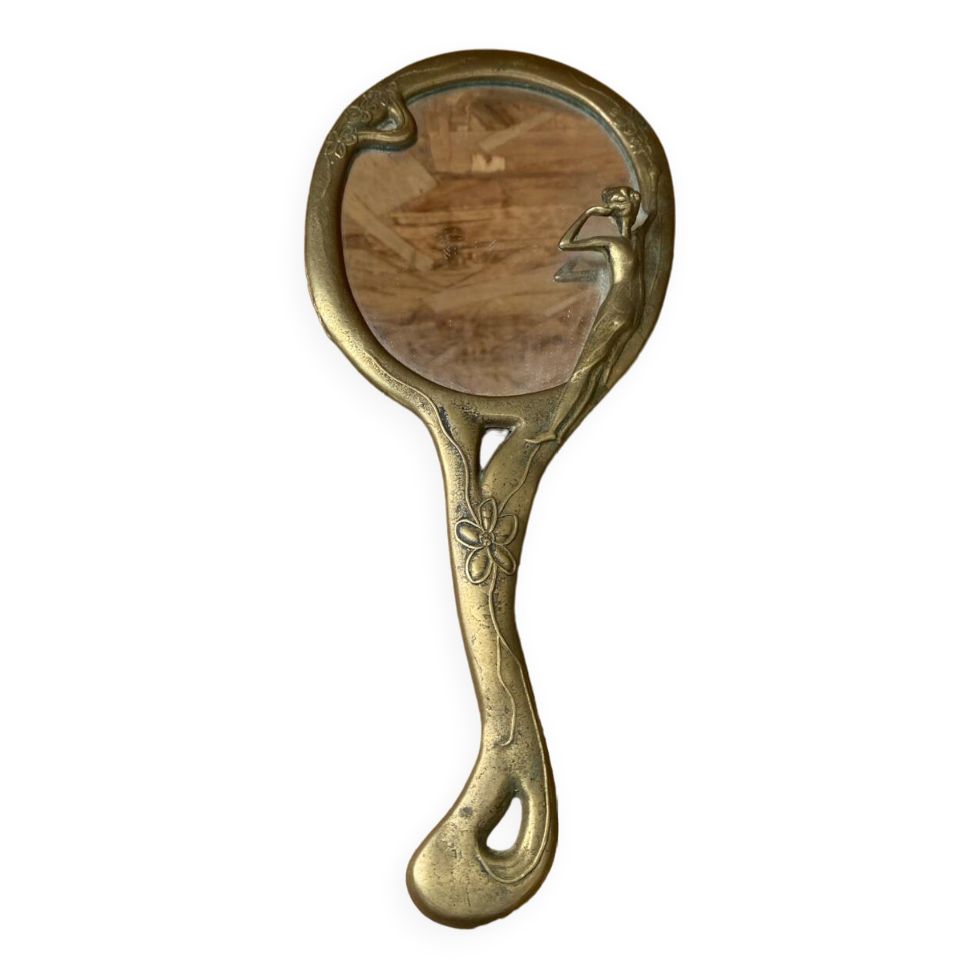 Antique art nouveau mirror face a main gilded bronze vintage flower decor