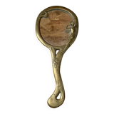 Ancien miroir art nouveau face a main bronze doré décor fleurs vintage