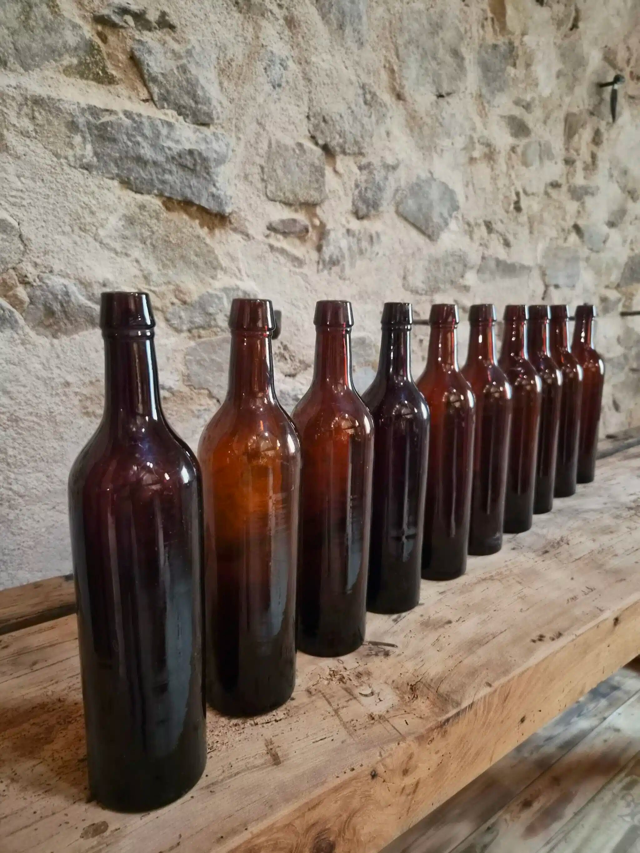 Set of 10 bottles of old Bordeaux French wine in ruby brown glass, 19th century.