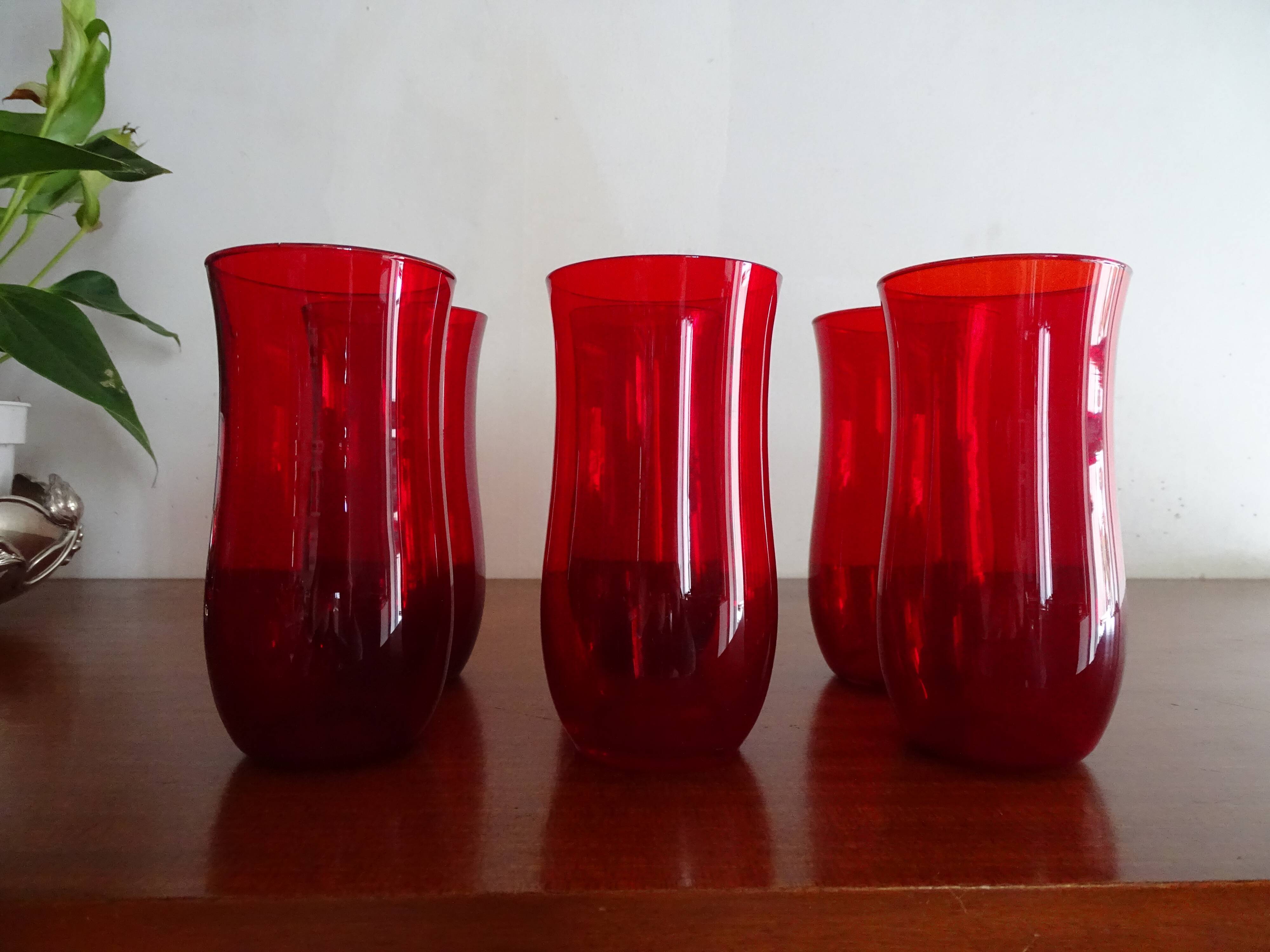 6 water glasses blown glass vintage ruby red 1960