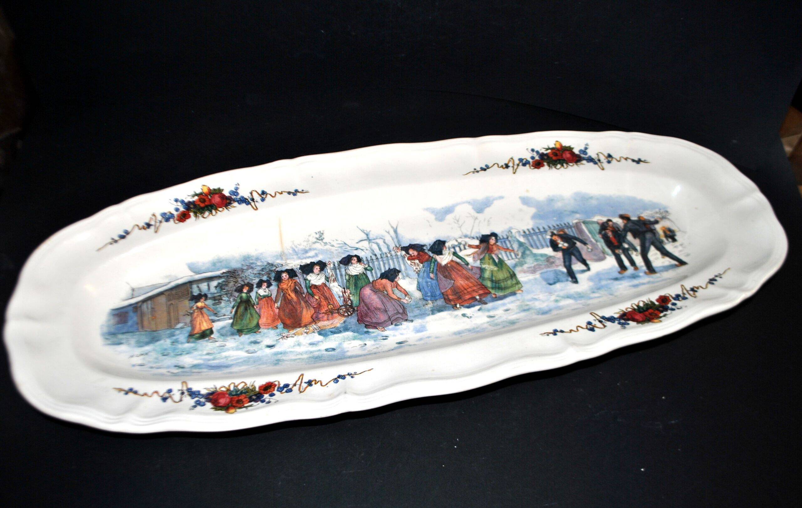 Sarreguemines large oval dish Obernai the snowball fight H. Loux