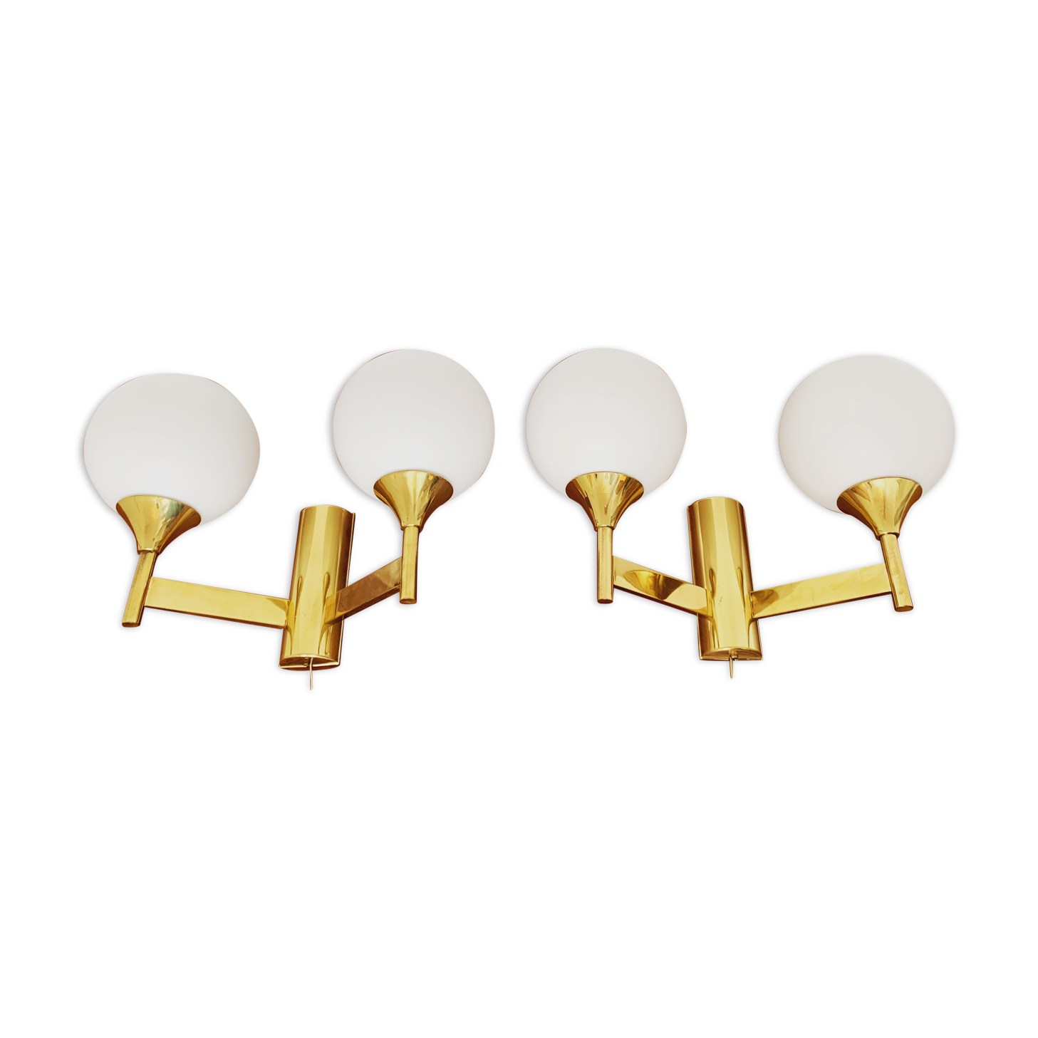 Set of 2 brass and opaline glass Sputnik wall lamps by Kaiser Leuchten