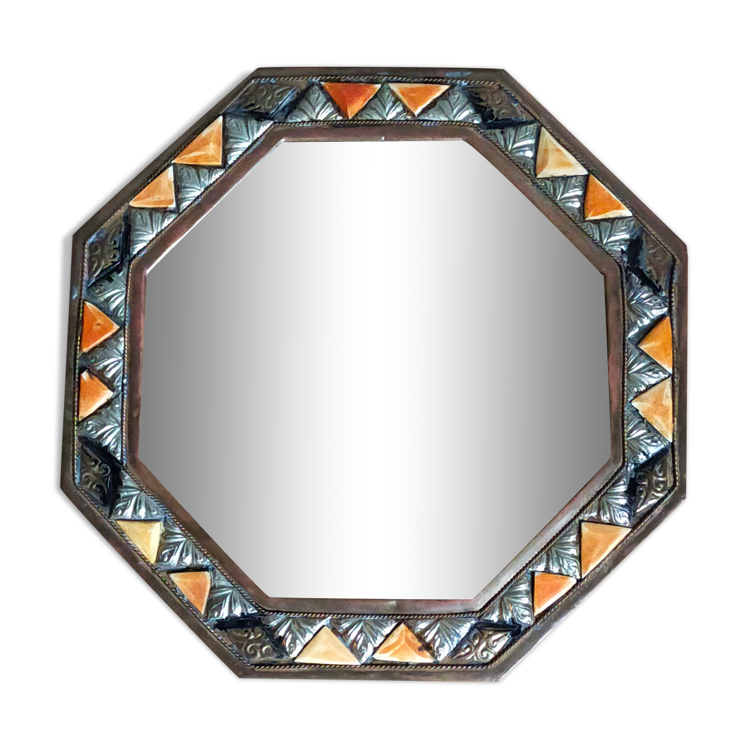 Octagonal mirror to hang metal and vintage inlays