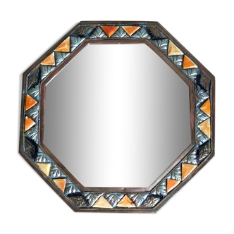 Miroir octogonal à suspendre métal et incrustations vintage