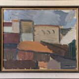 Mid-Century Modern Swedish "City Blocks" Vintage Abstract Oil Painting, Framed