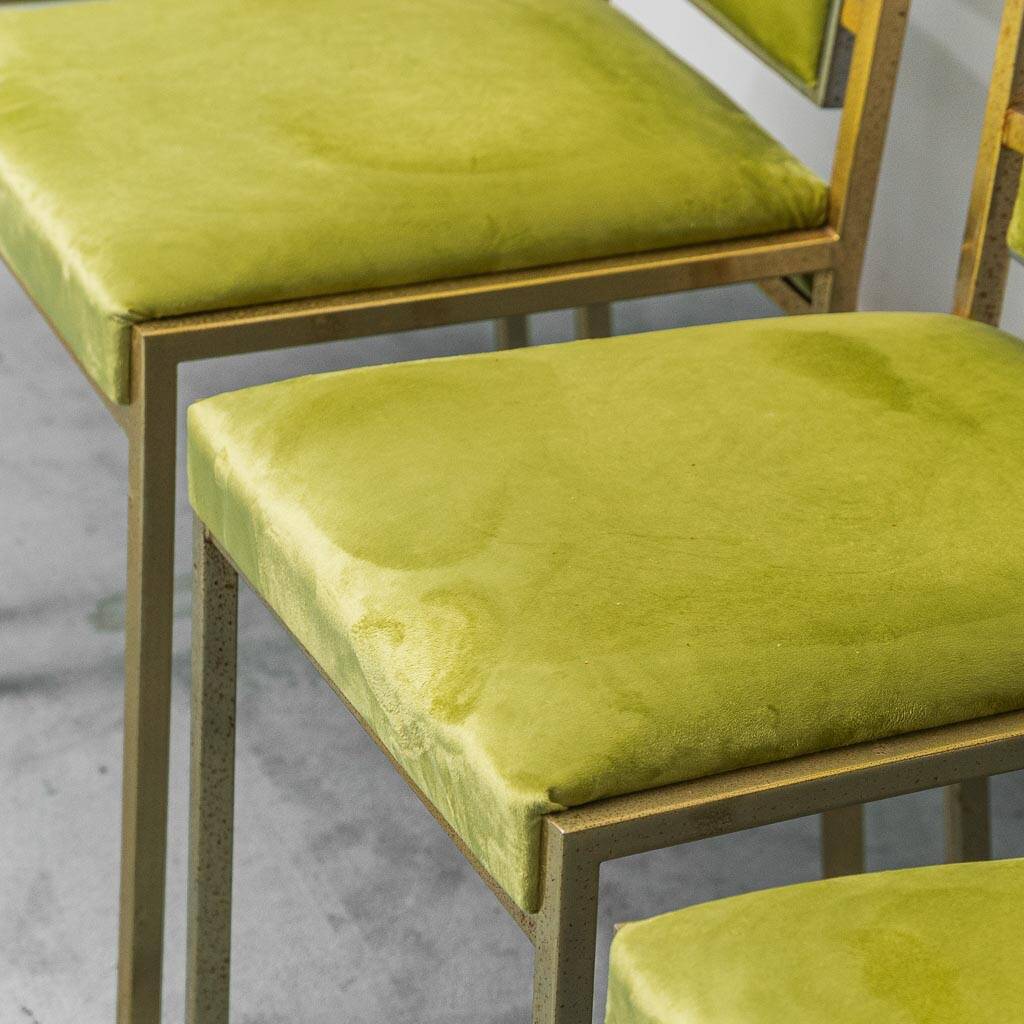 Set of 4 vintage metal and green velvet chairs, 1970s modernist