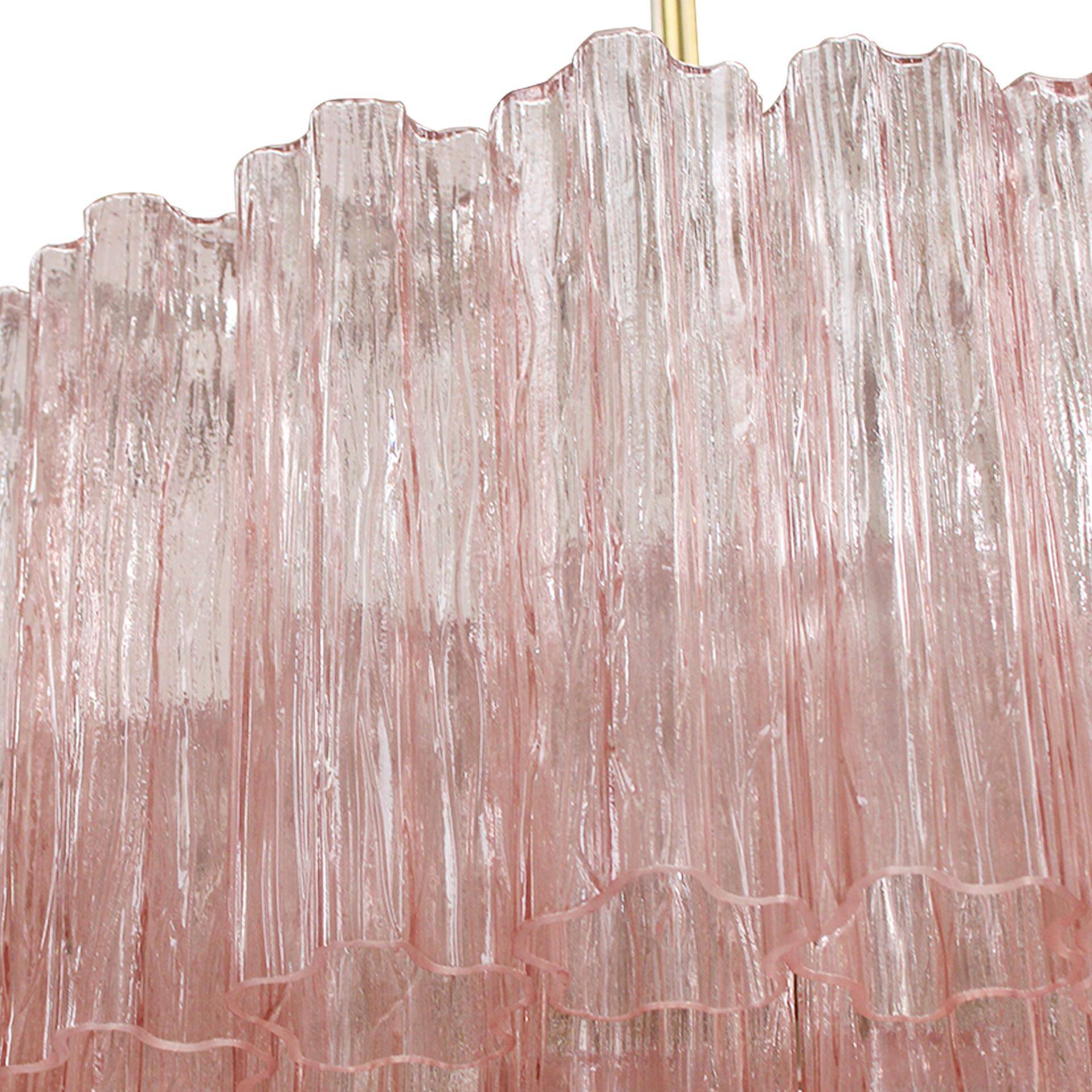 Mid Modern Italian Pink Murano Glass Cascading Suspension Lamp with Brass Frame