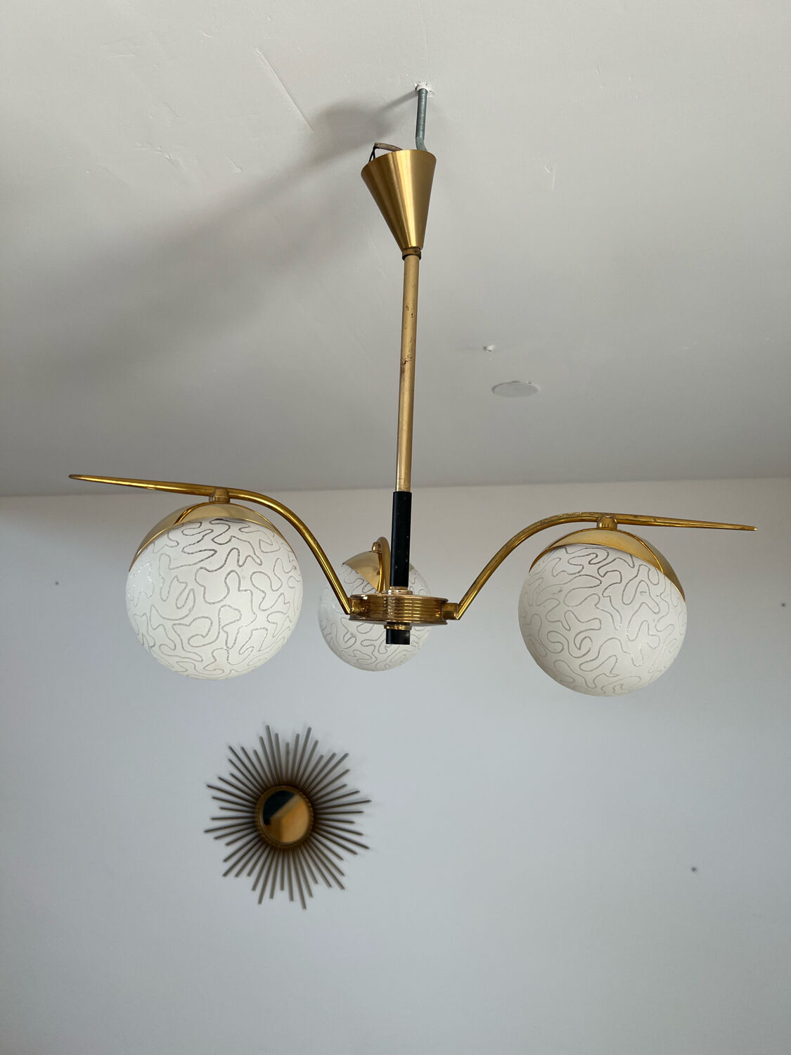 Lot light fixtures and chandeliers design Arlus 50s brass and opaline vintage