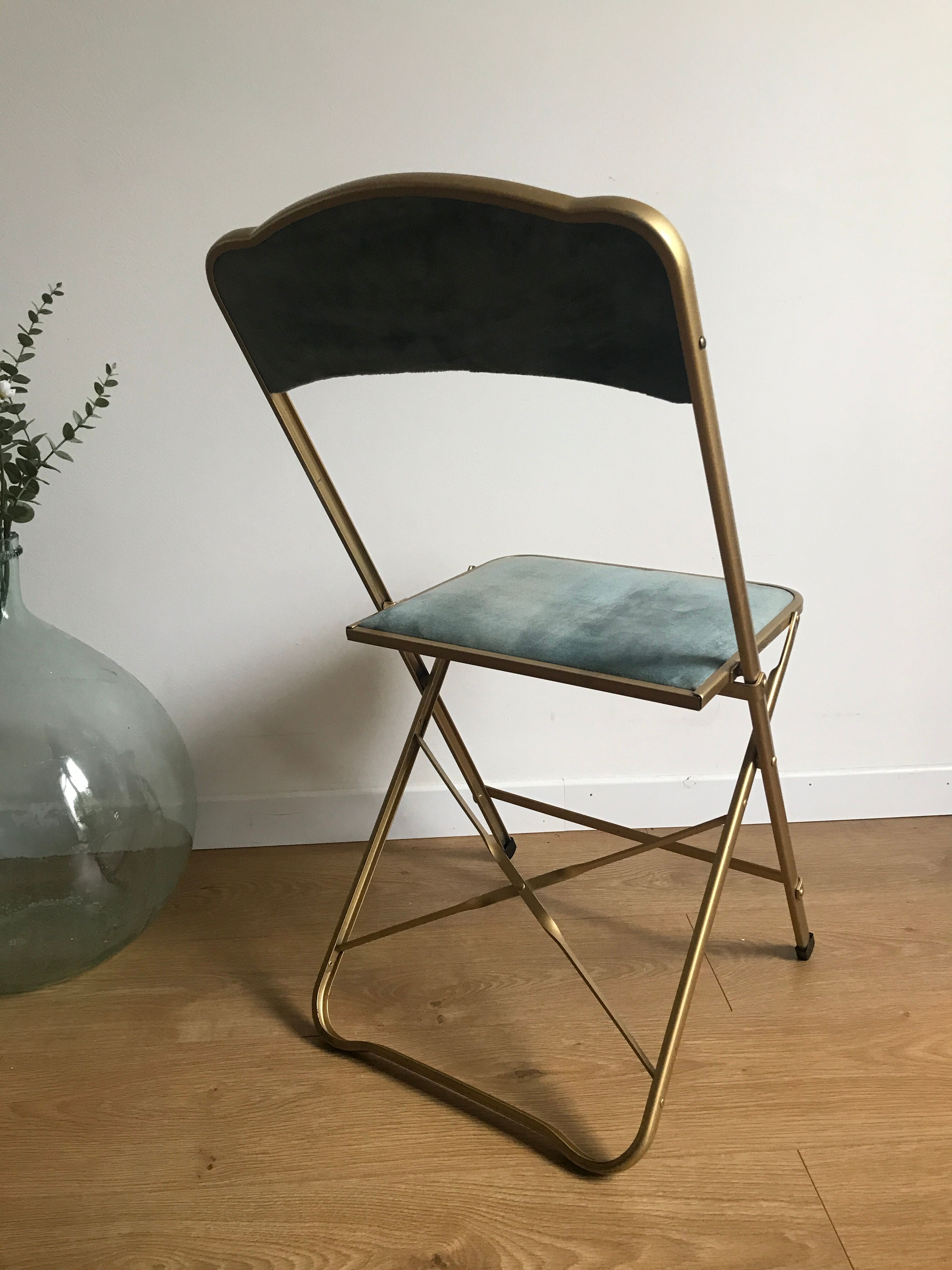 Vintage chaisor folding chair golden frame and blue velvet