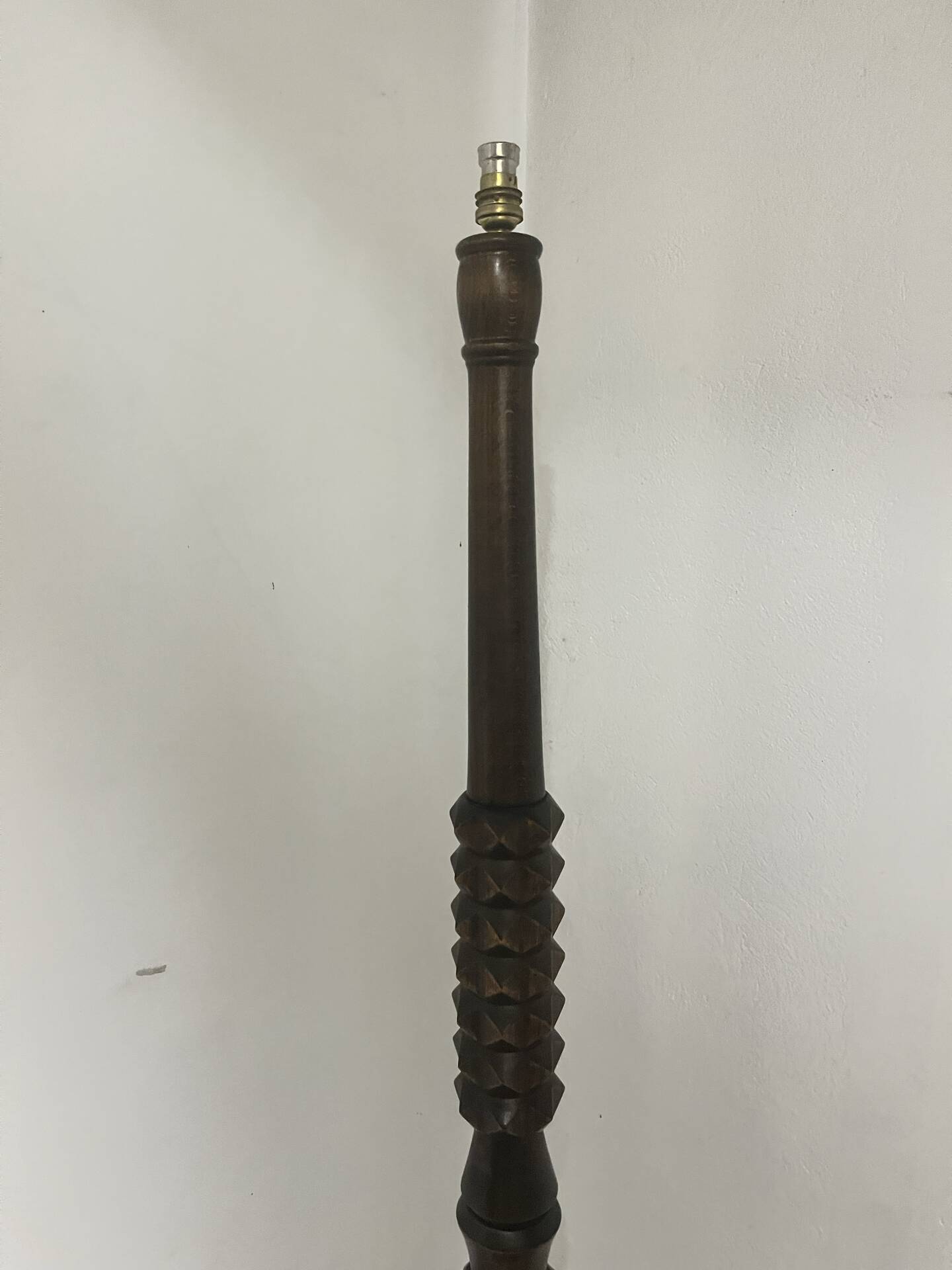 Large vintage turned wooden floor lamp — Brutalist style