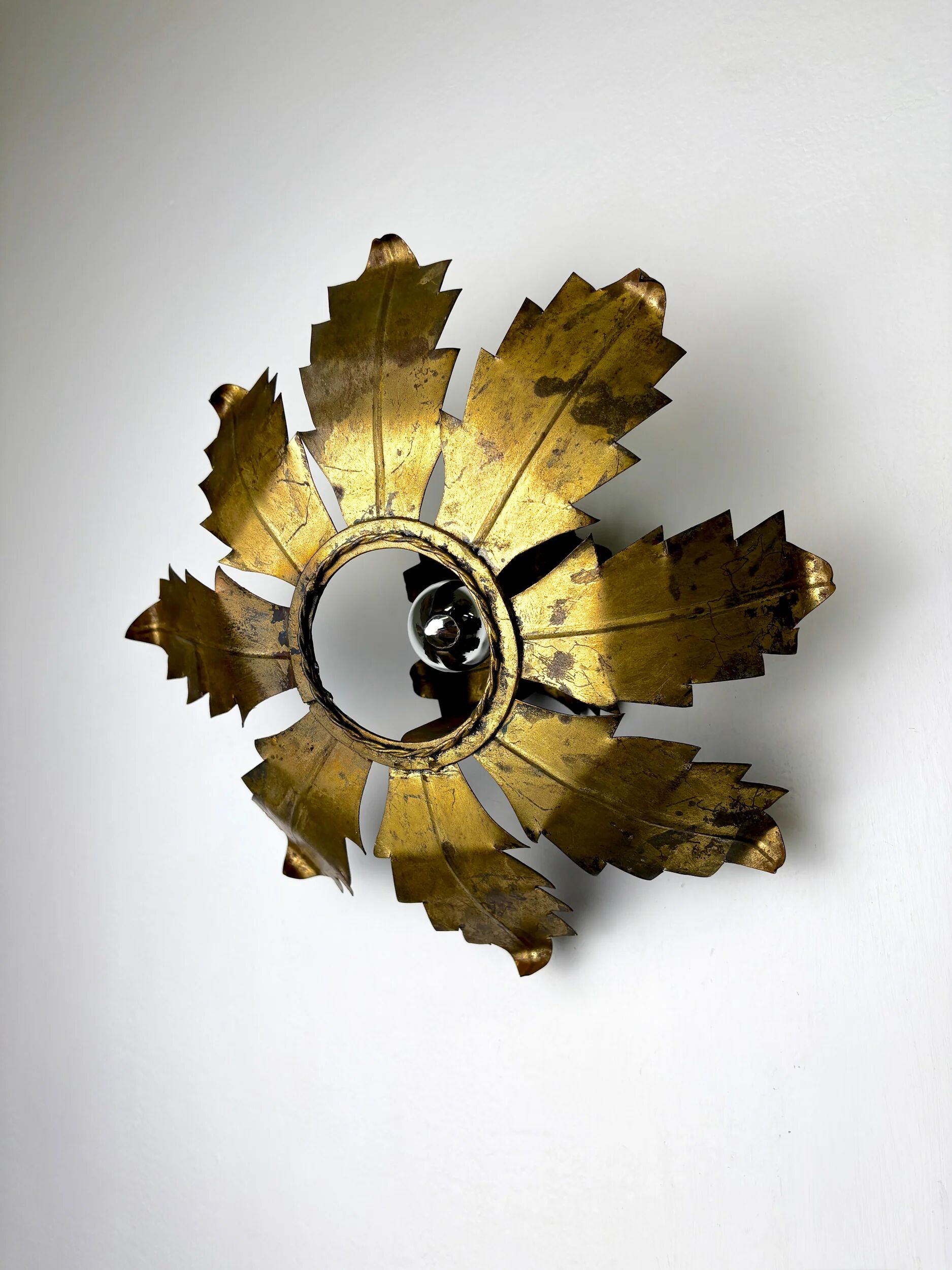 Spanish sunburst flush mount light fixture in gilt iron, circa 1970s