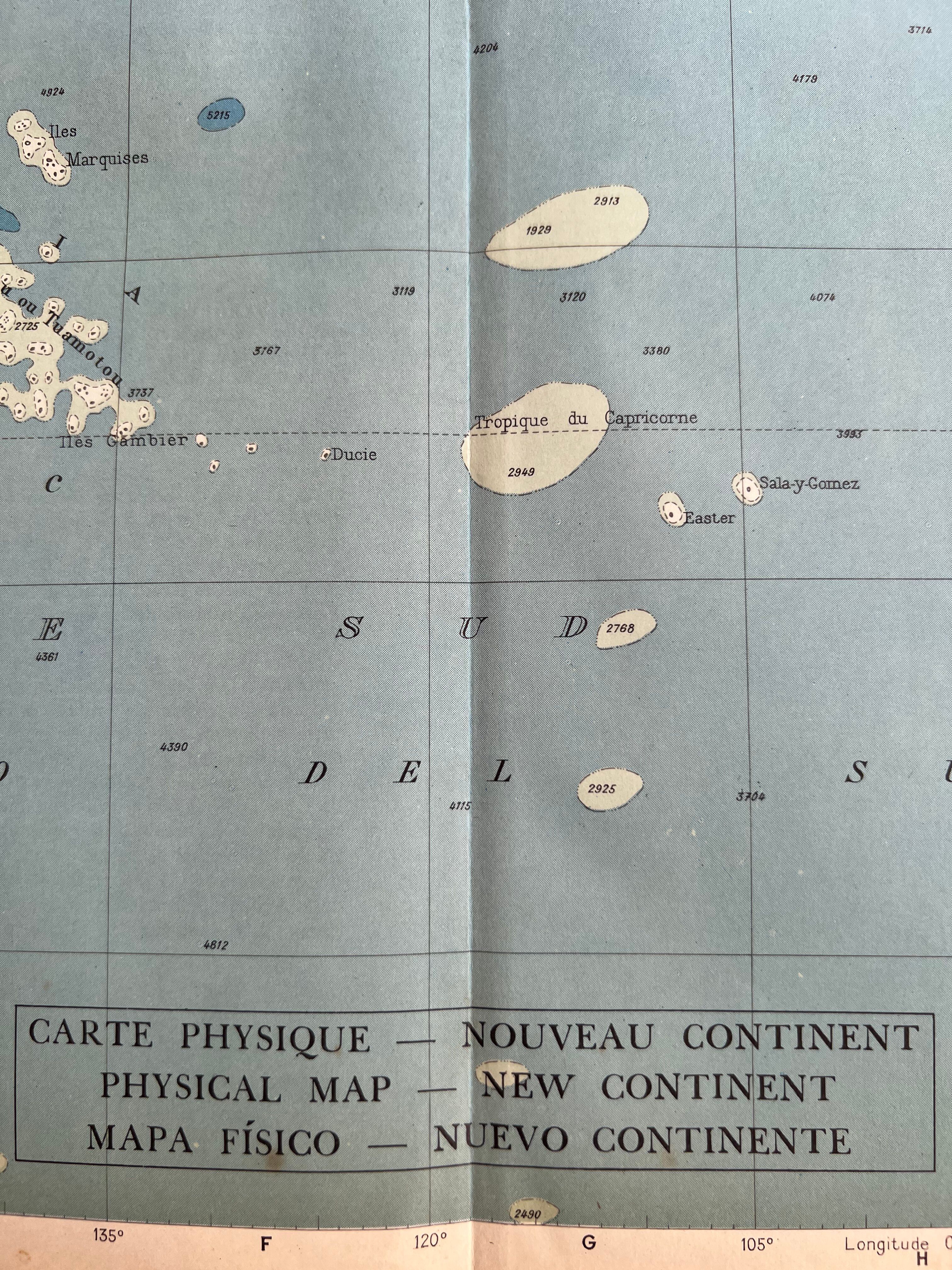 Old physical map of the New World — Pacific Ocean, Americas