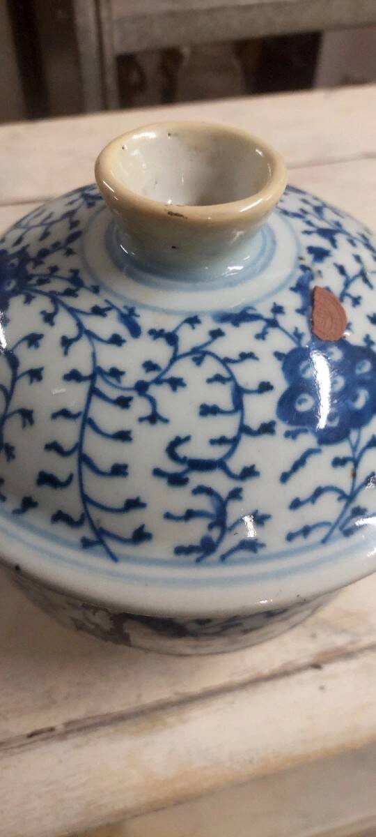 Antique blue and white porcelain pot from china, qing dynasty, 19th century