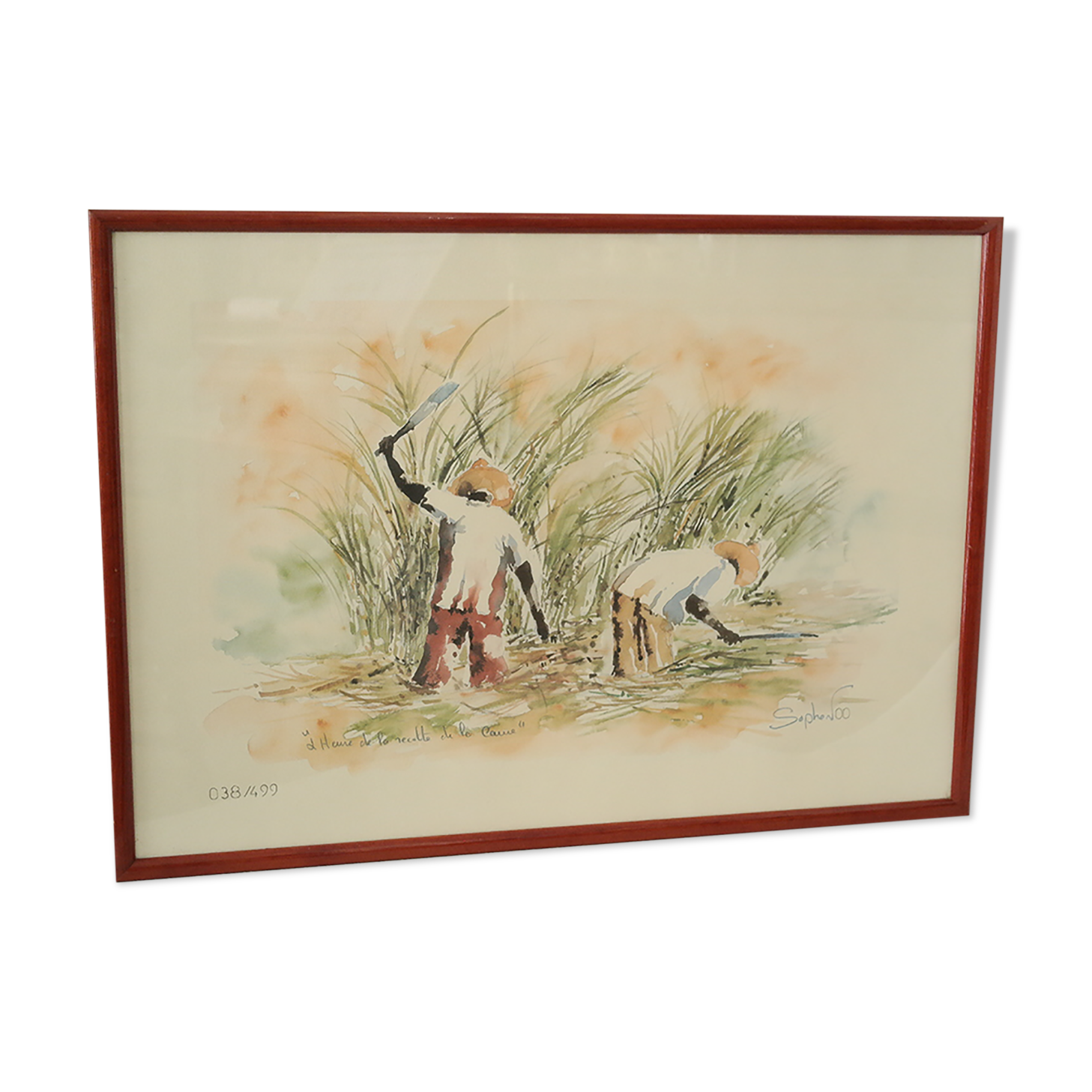 Numbered watercolor lithograph painting "the cane harvest"