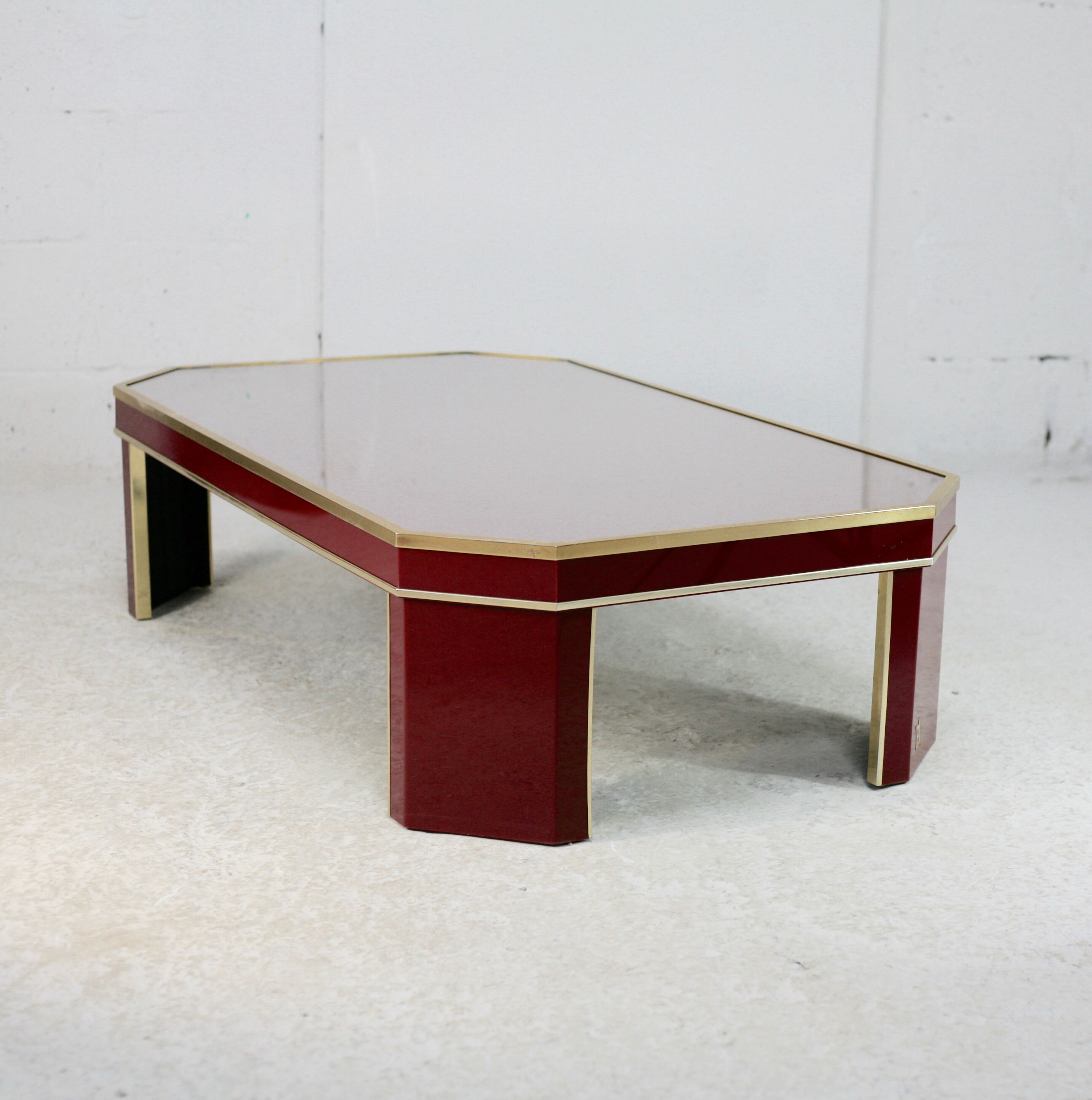 Coffee table Eric Maville glass brass plexiglass wood France, 70s. Small scratches. small