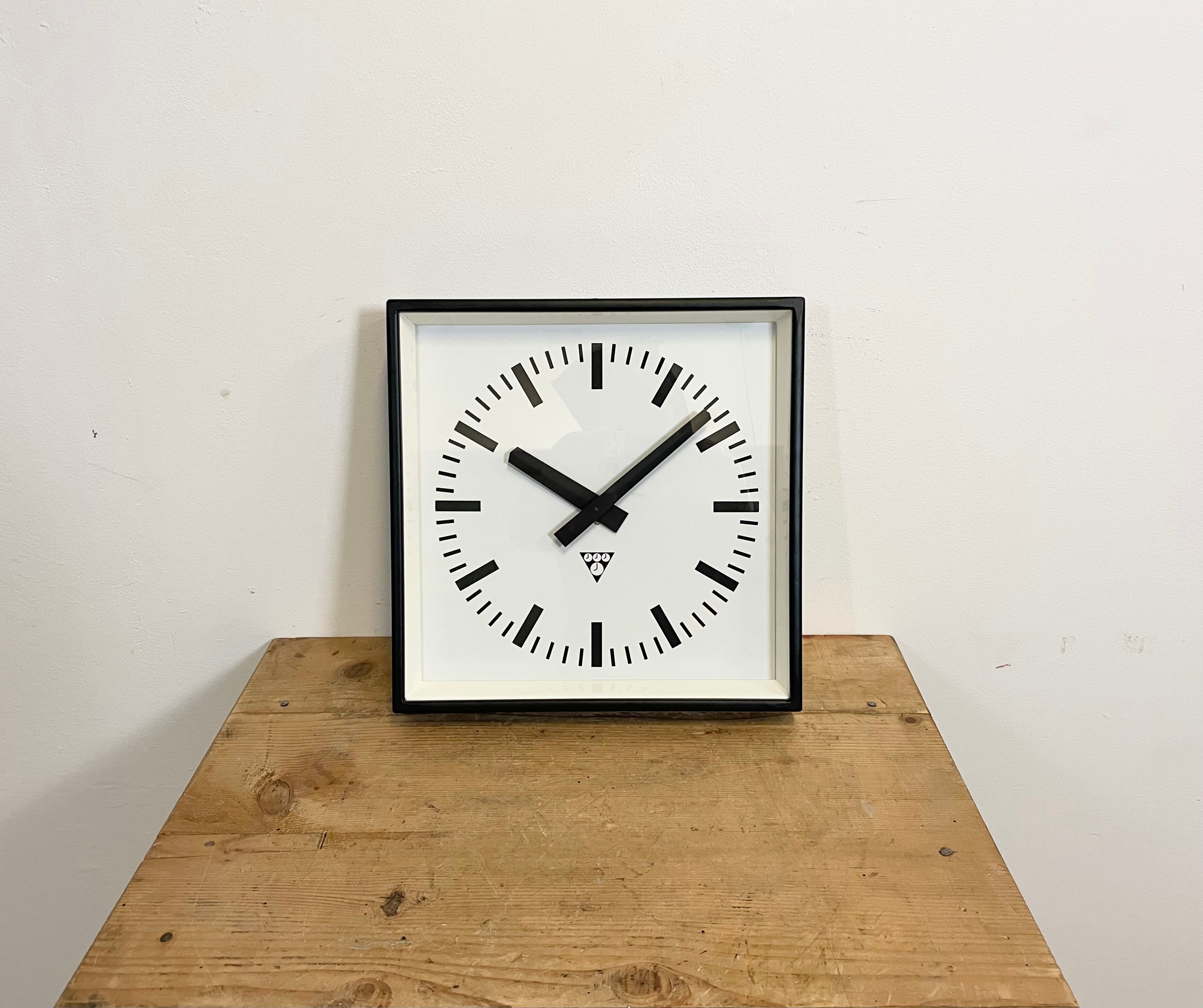 Black Industrial Square Wall Clock from Pragotron, 1970s