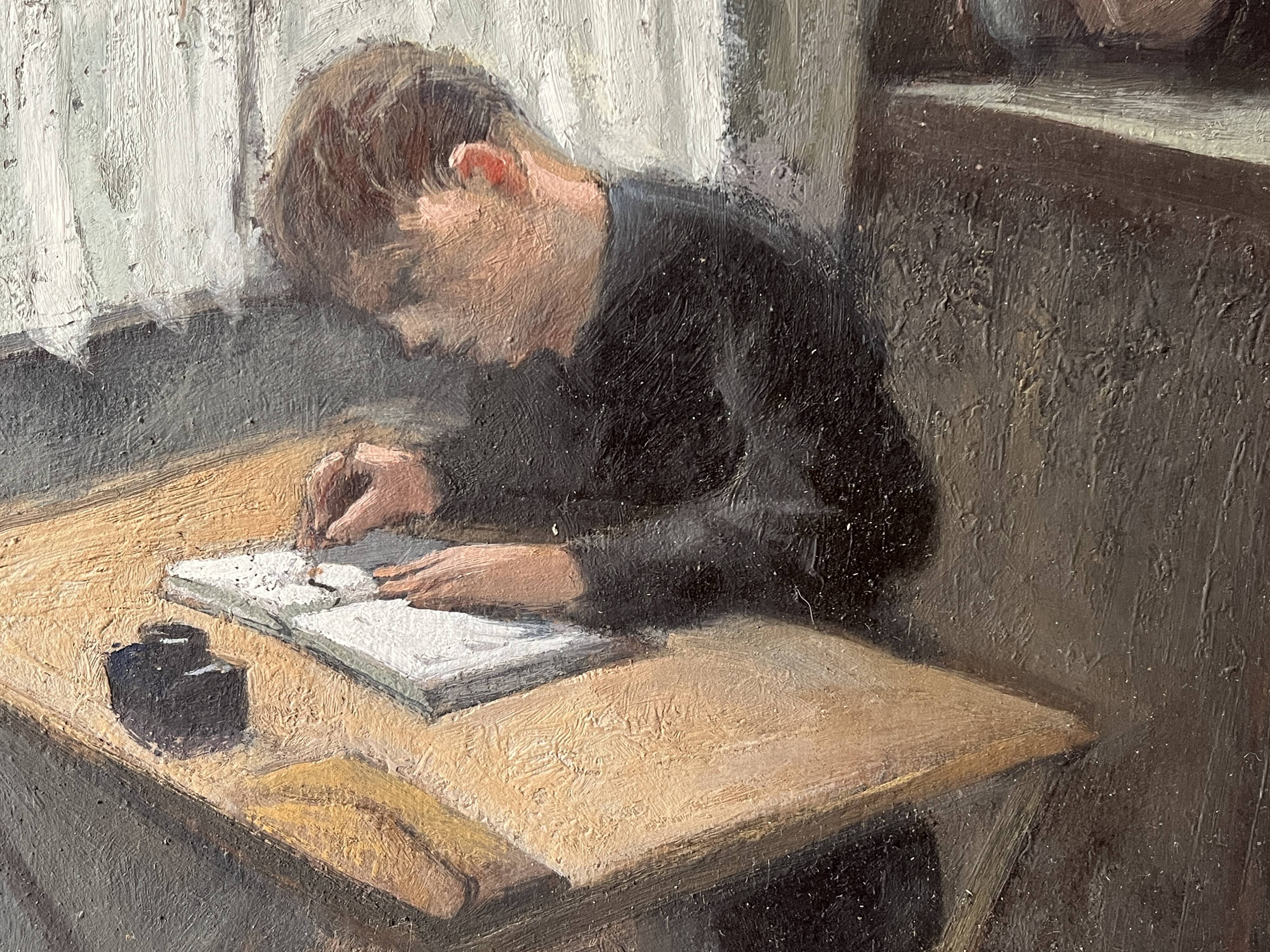 Oil painting of an interior scene 1940, portrait of children signed