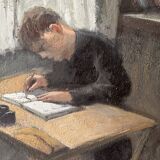 Oil painting of an interior scene 1940, portrait of children signed