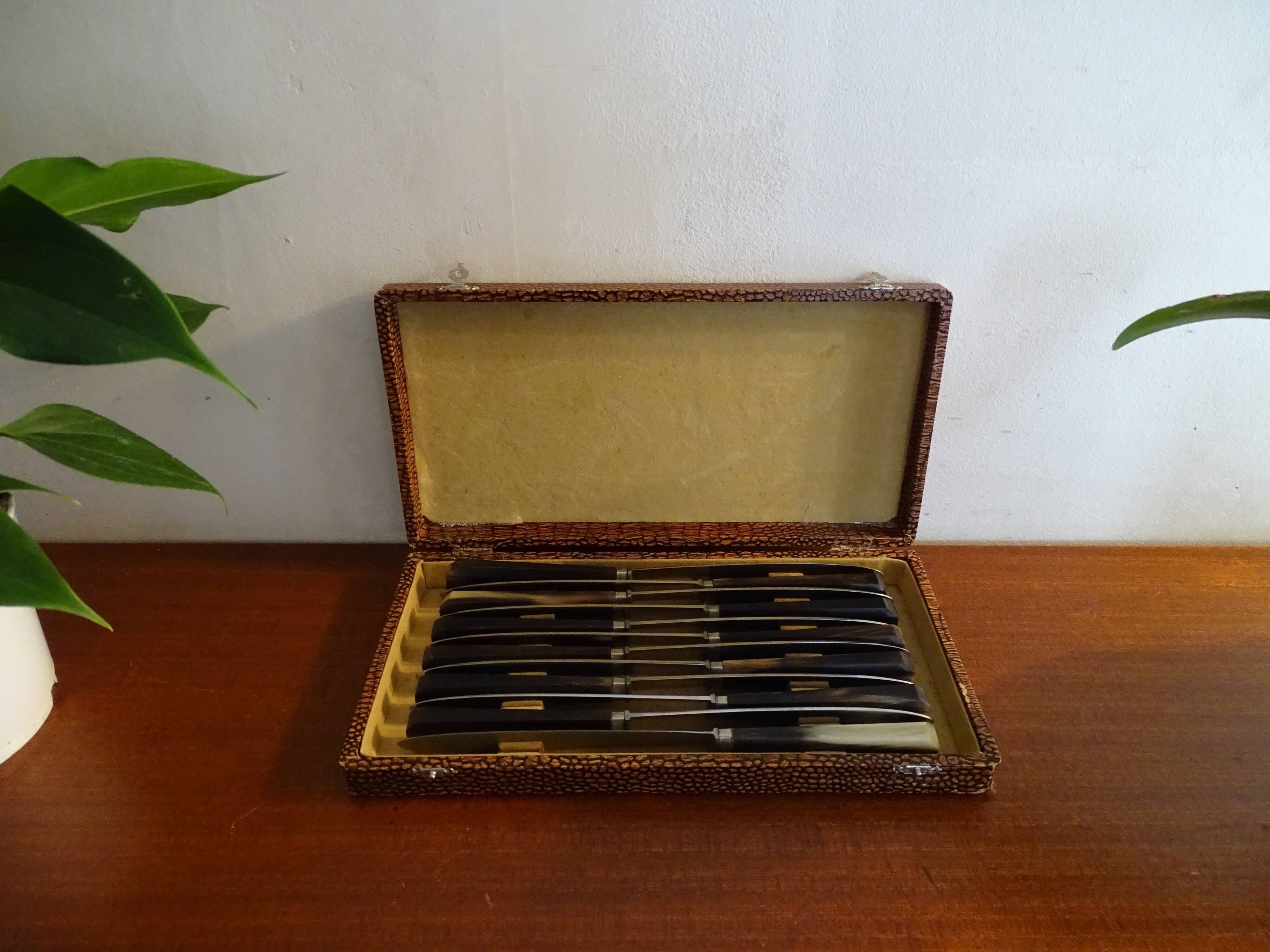 12 vintage dessert knives Pradel horn sleeves in case