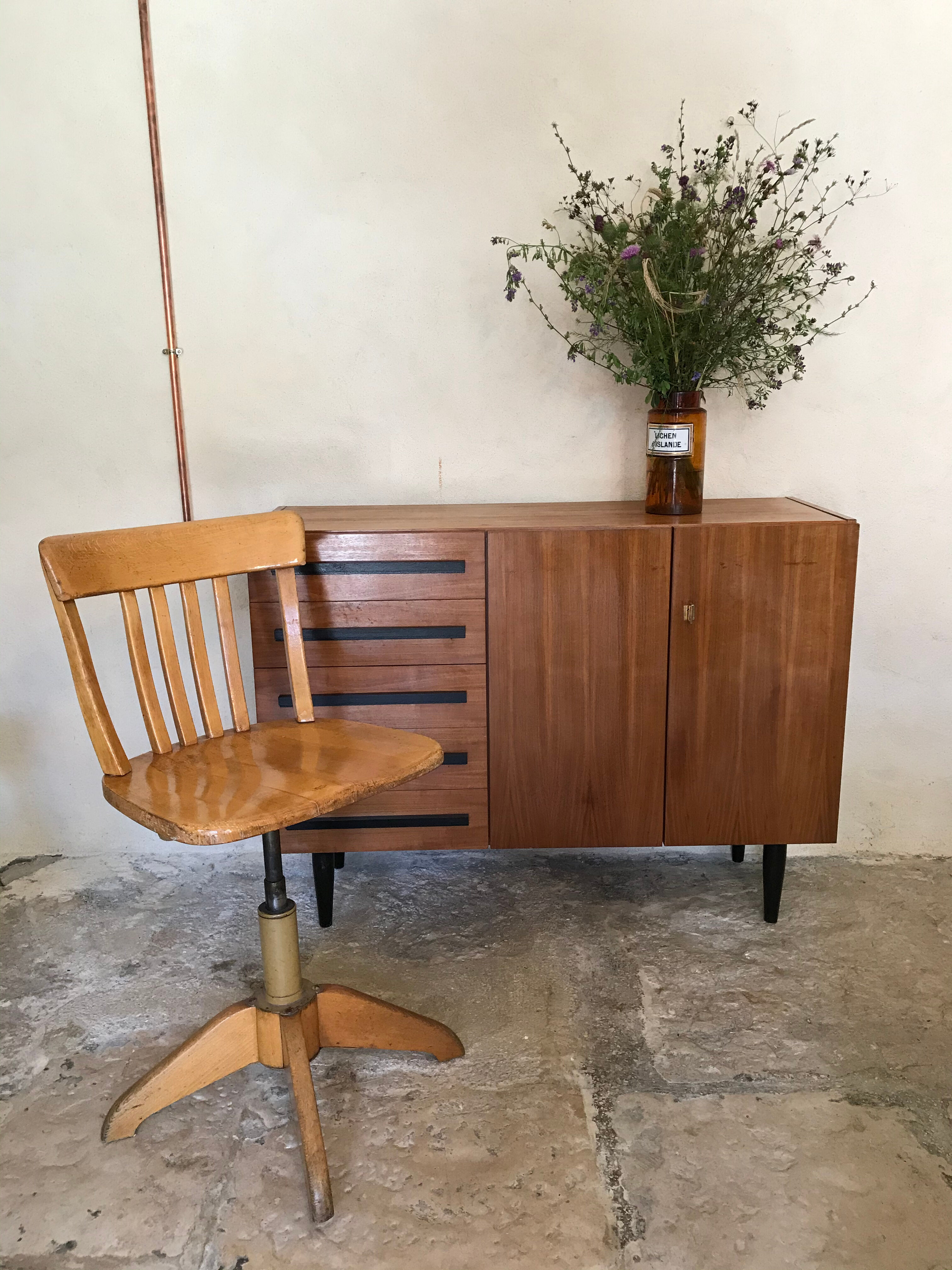 Vintage storage cabinet 1960's 5 drawers 2 doors