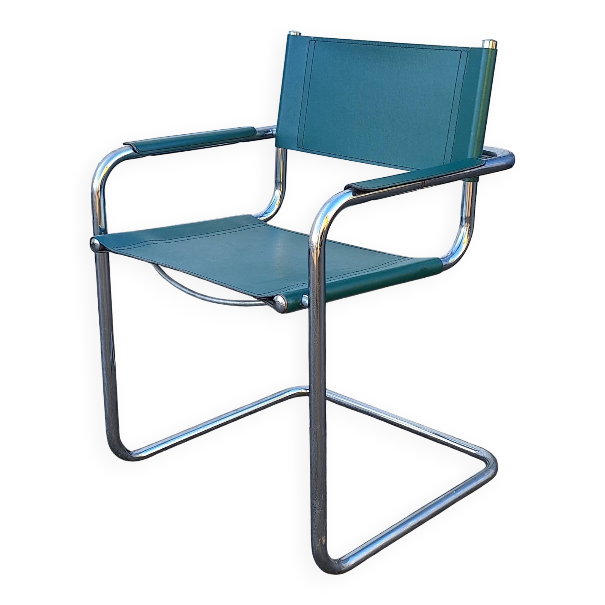 Fauteuil cantilever en métal chromé et cuir vert
