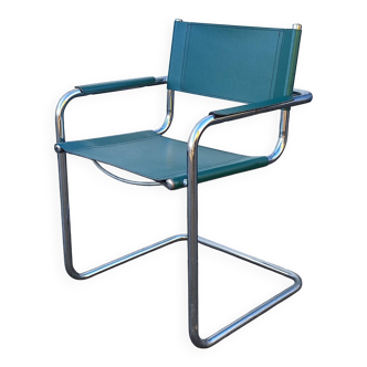 Cantilever armchair in chromed metal and green leather