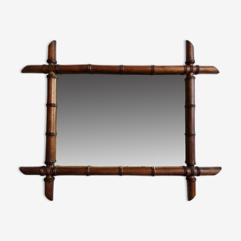 Miroir en bois tourné à l'imitation du bambou, mid-century, 50 cm x 60 cm