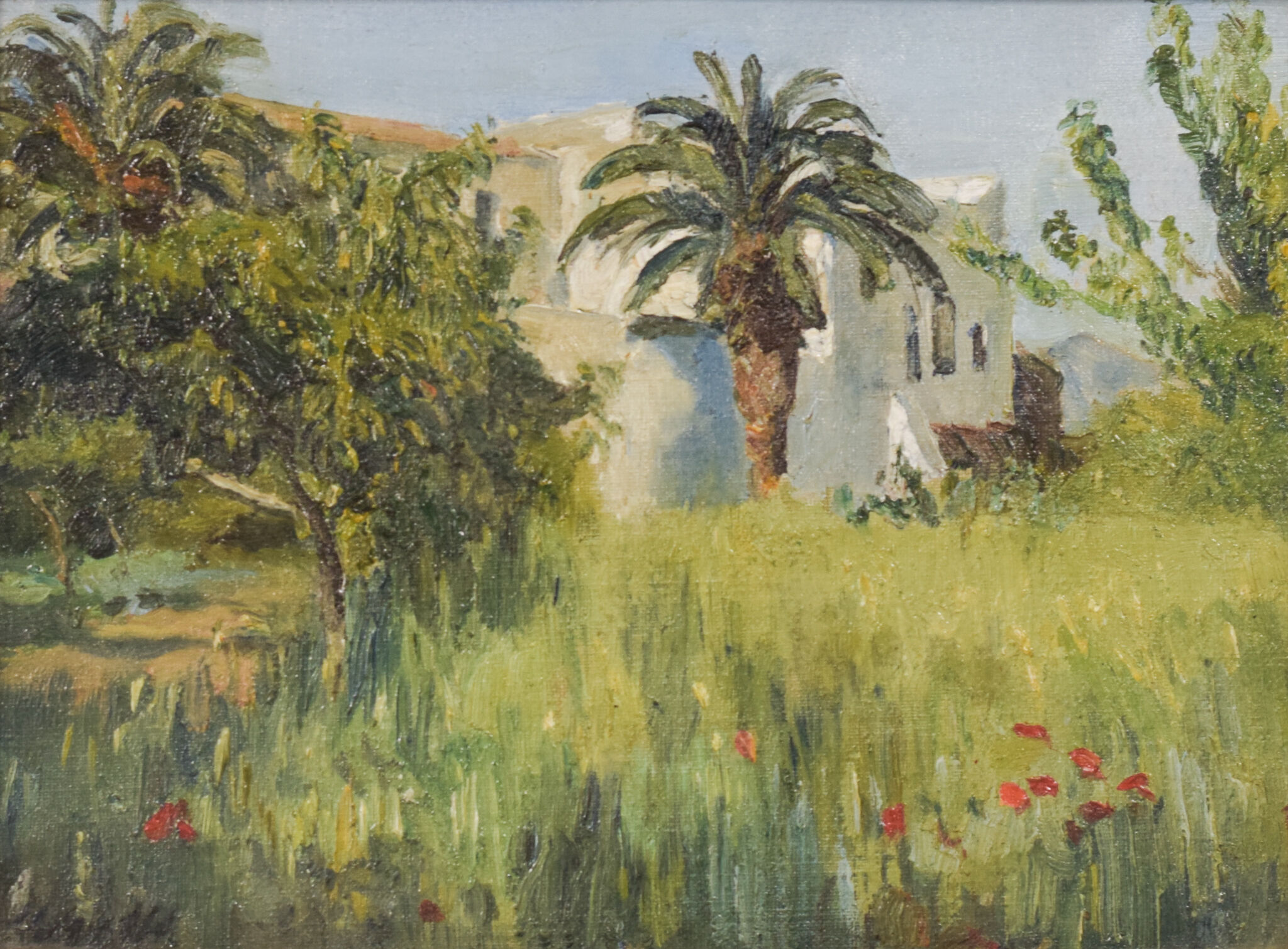 Impressionist oil of villa and palm trees