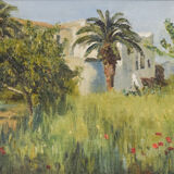 Impressionist oil of villa and palm trees