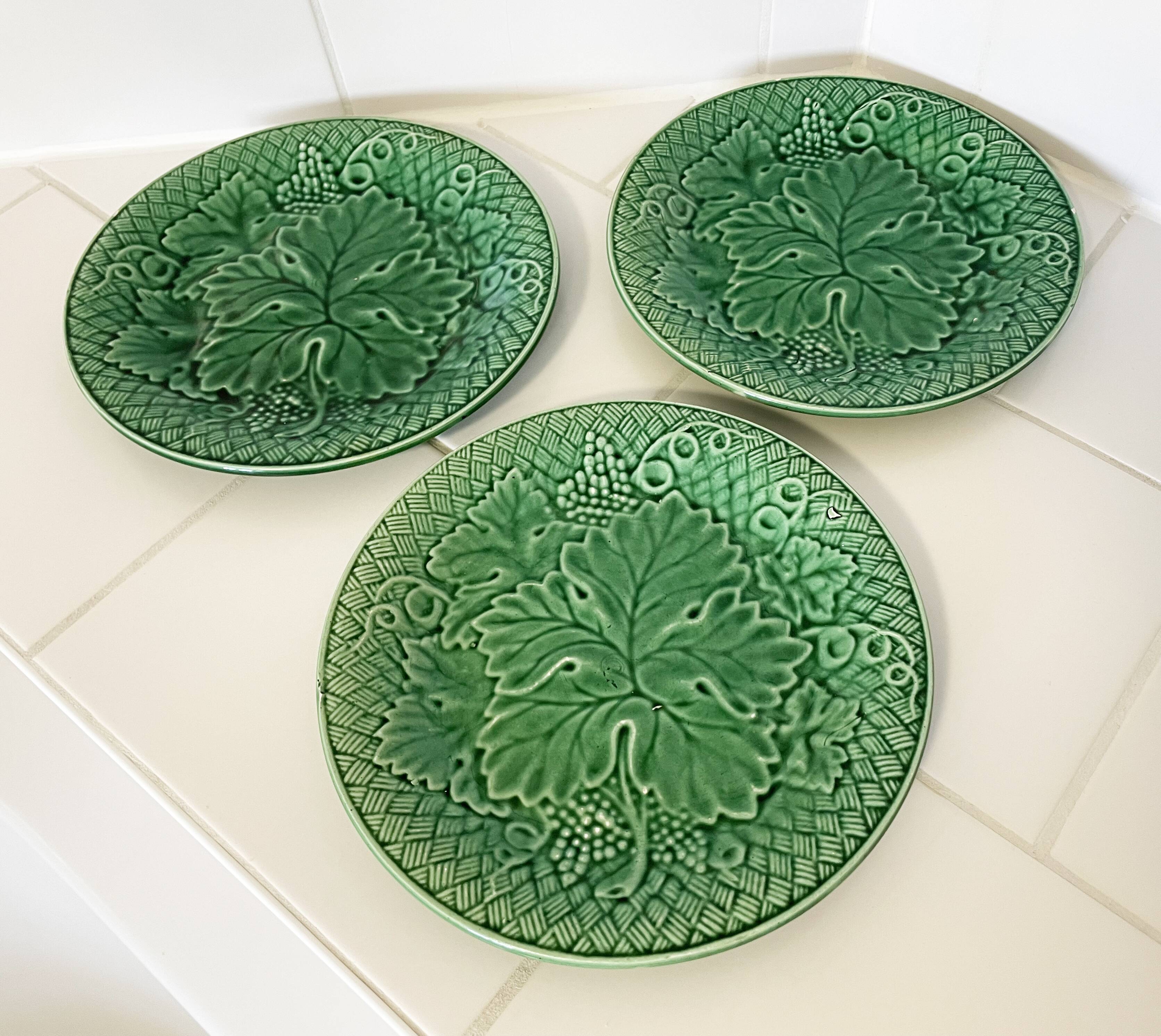 Set of Three 19th Century Salins Dessert Plates with Green Vine Leaf Motif