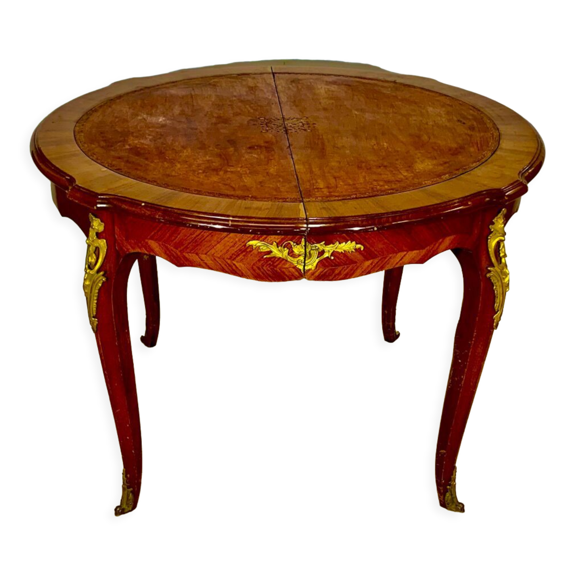 Round table style louis xv, marquetry of rosewood, possibility of extensions.