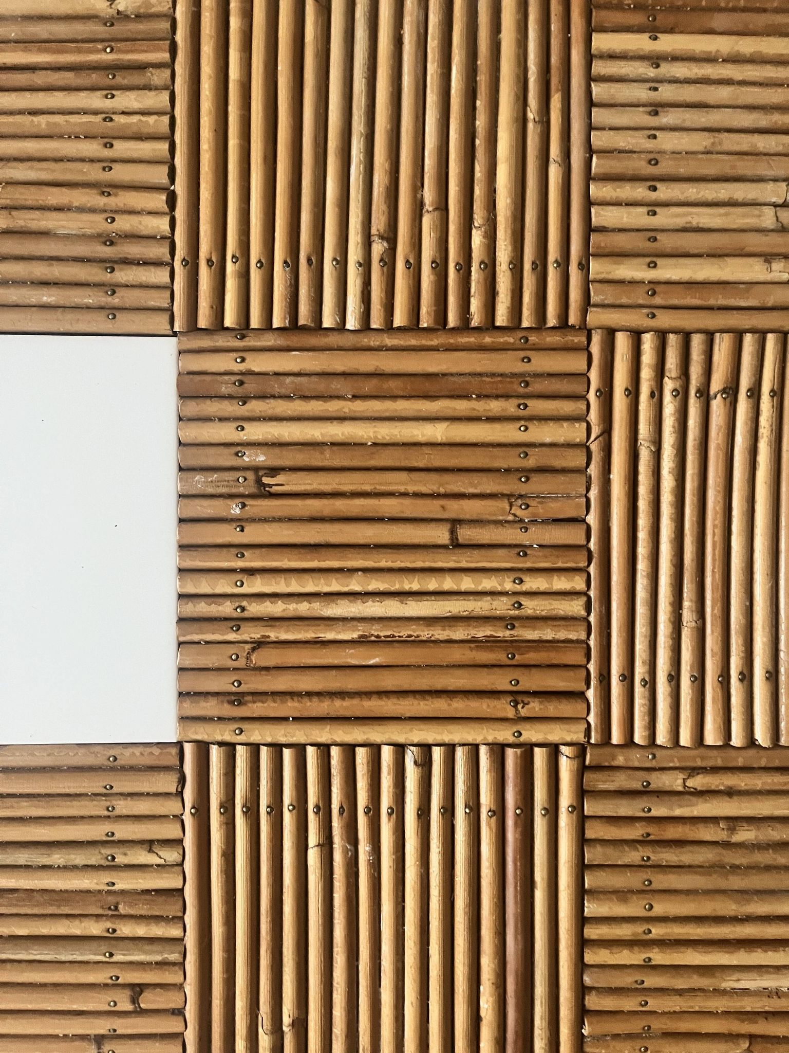 Large Audoux style coffee table in bamboo, rattan & ceramic, France 60