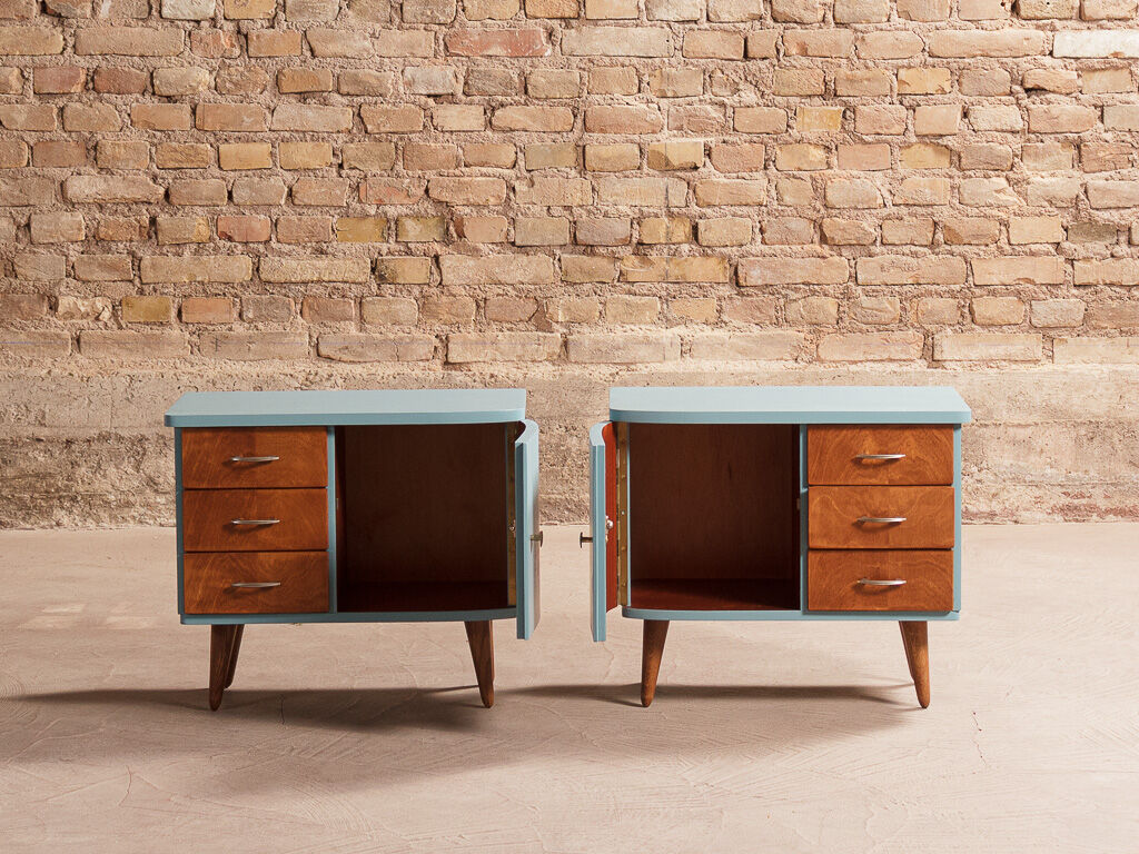 Pair of vintage bedside tables completely redesigned in blueberry on compass feet in solid oak tinted teak