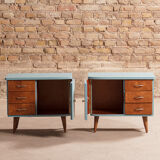 Pair of vintage bedside tables completely redesigned in blueberry on compass feet in solid oak tinted teak