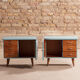 Pair of vintage bedside tables completely redesigned in blueberry on compass feet in solid oak tinted teak
