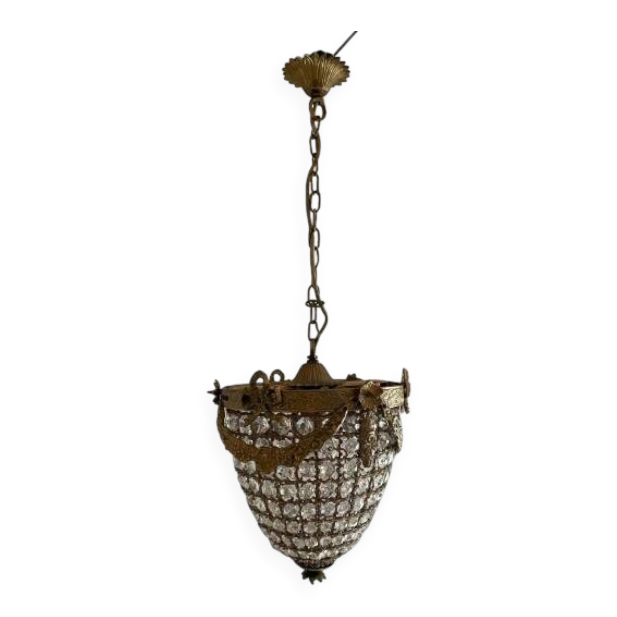 Brass basket chandelier with Louis XVI style pendants.