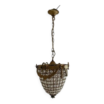 Lustre corbeille laiton et pampilles style Louis XVI