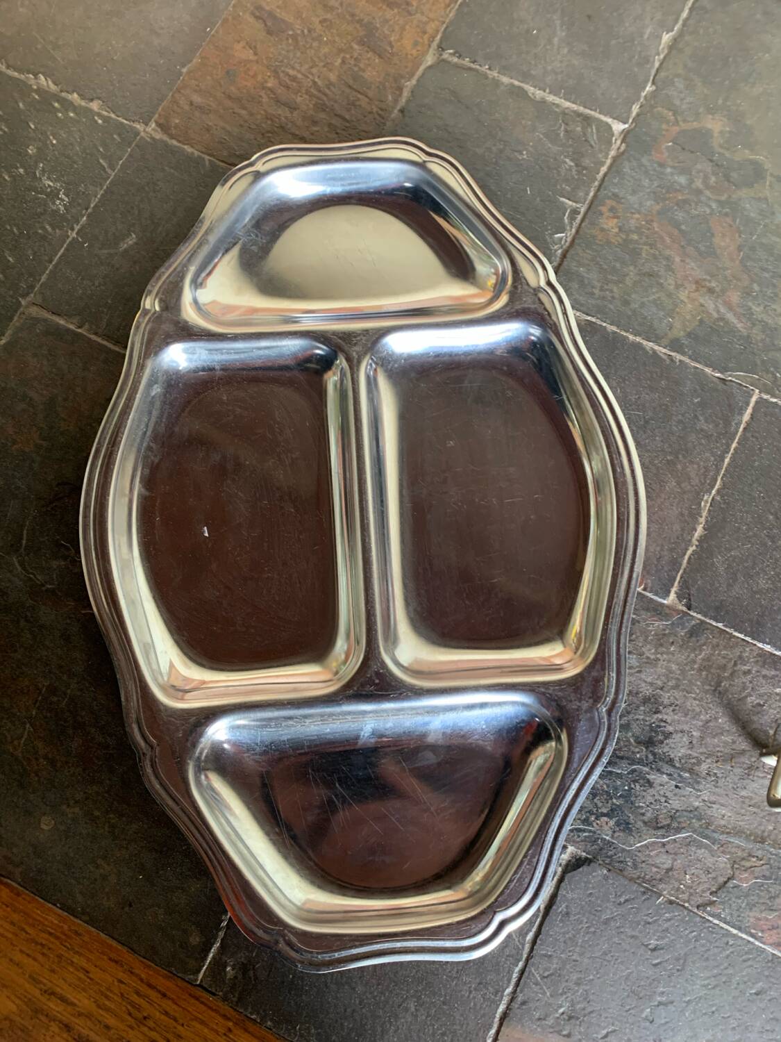 Vintage stainless steel large serving tray – meat & vegetable compartments