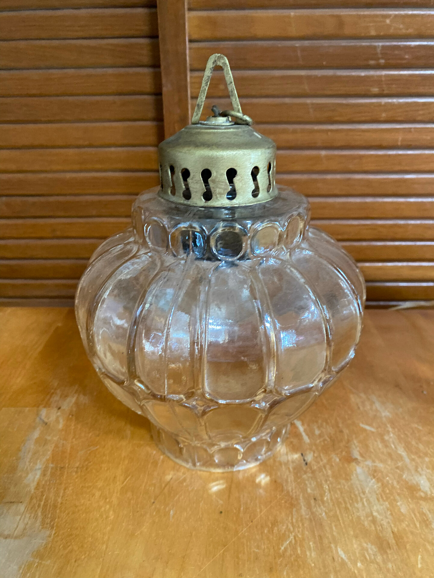 Pair of Vintage Suspension Lights with Iridescent Moulded Glass + Gold Metal