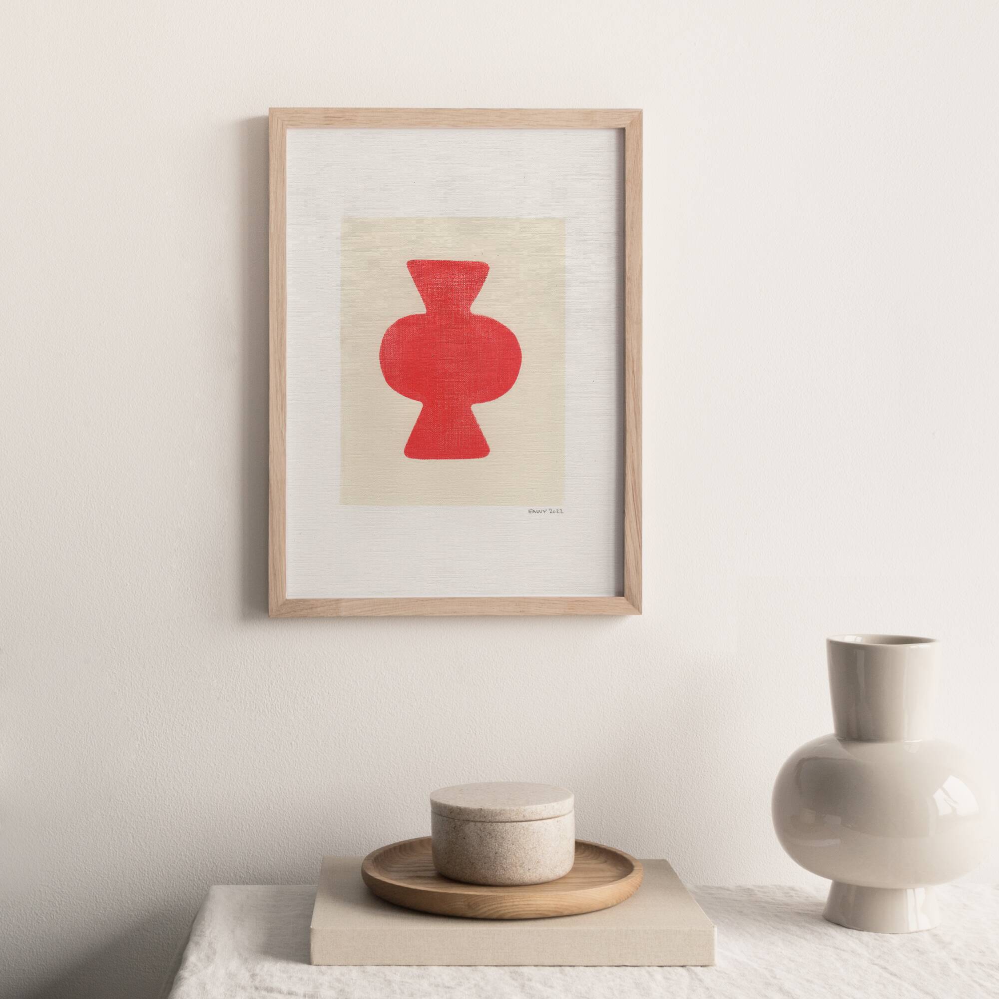 Abstract painting on paper, primary red, signed Eawy.
