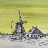 Painting "mill in harlingen" (netherlands) jean-francois devaliere (1926-2021)