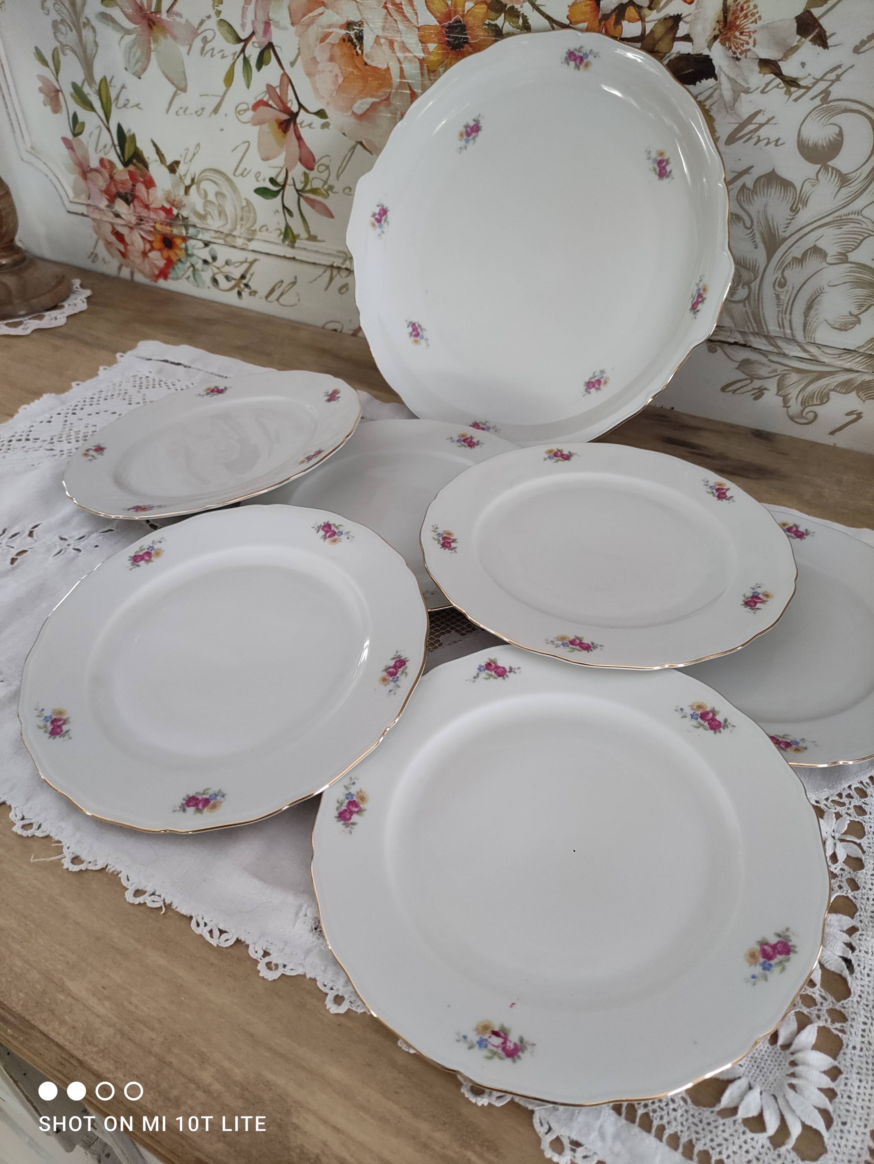 Dessert service 6 people 7 pieces porcelain Bavaria white decoration roses field flowers