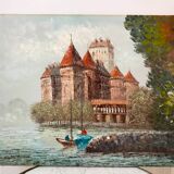 Oil painting on canvas chateau signed vintage
