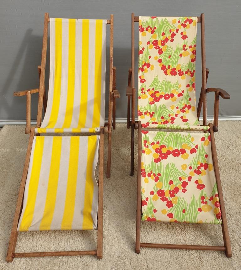 Chilean duo vintage wooden deckchairs with footrest
