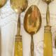 Set of 12 small bakelite and brass dessert spoons vintage tableware ACC-7079