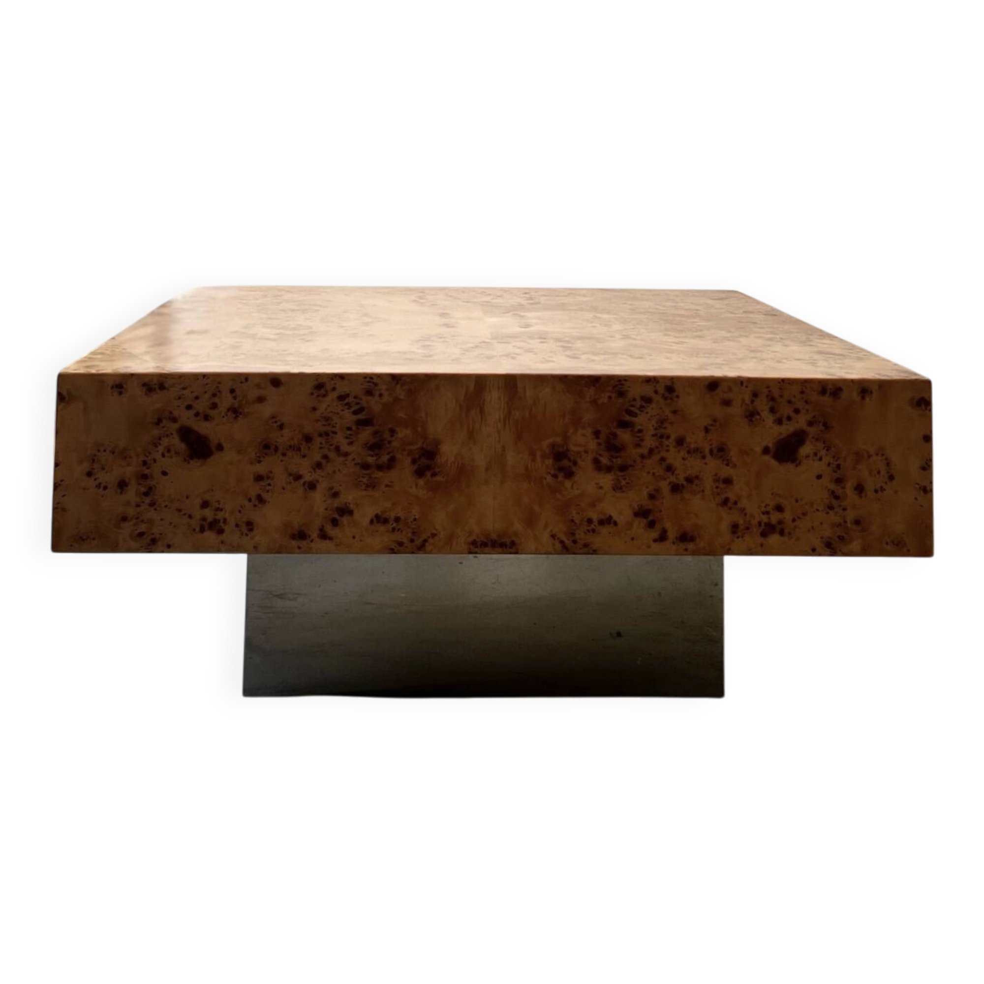 Square designer coffee table in elm burl and chrome, JC Mahey 1970