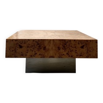 Square designer coffee table in elm burl and chrome, JC Mahey 1970