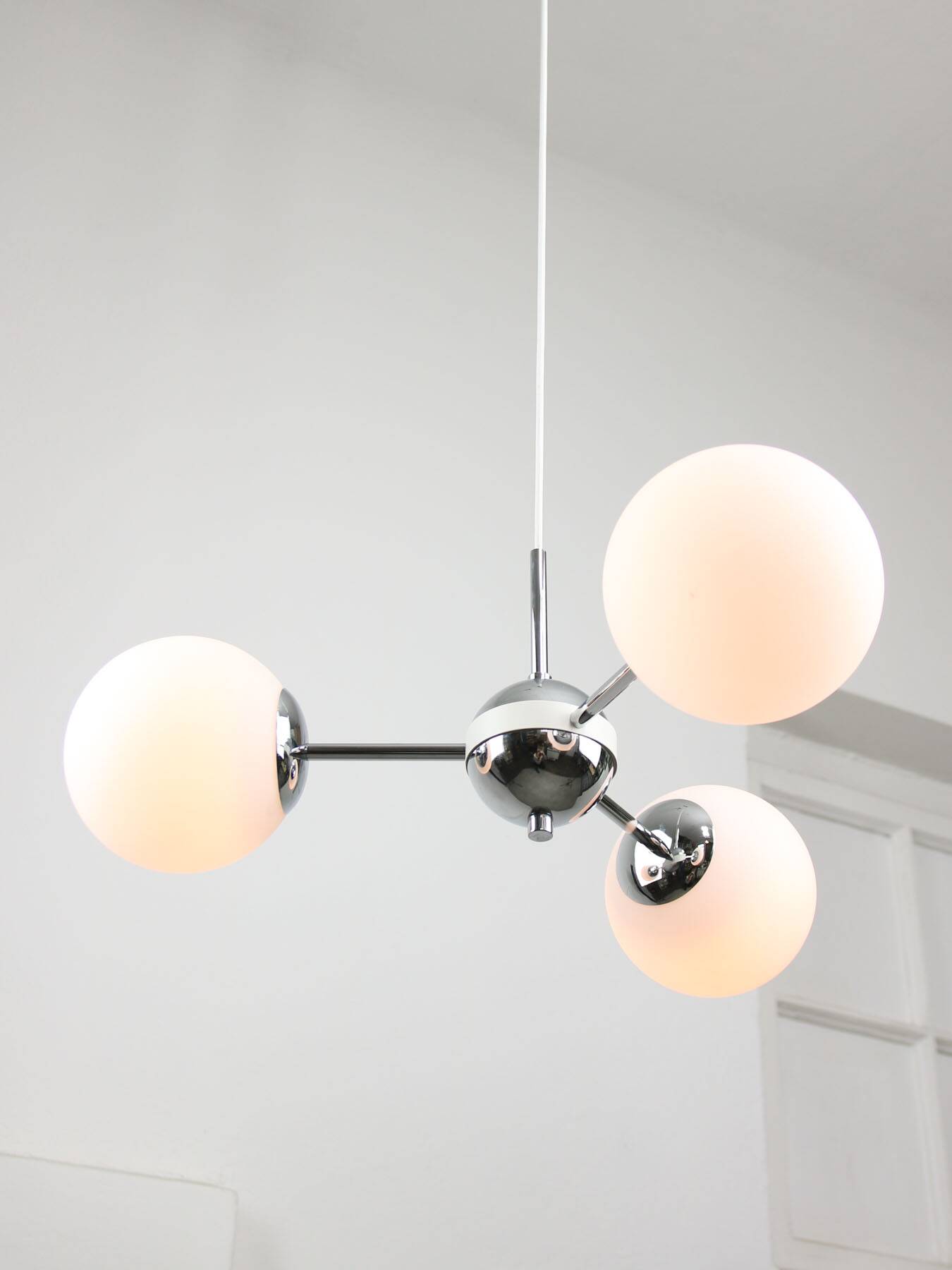 Vintage Italian Chrome and Opaline Sputnik Chandelier, 70s